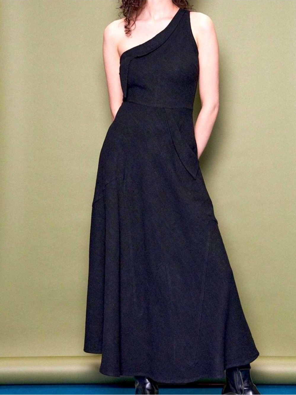 FASHION BRAND COMPANY 100% Linen One Shoulder Step Sister Attack Gown Maxi Dress